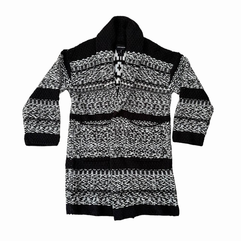 Lucky Brand Fair Isle Black White Cardigan Sweater Coatigan Duster Medium